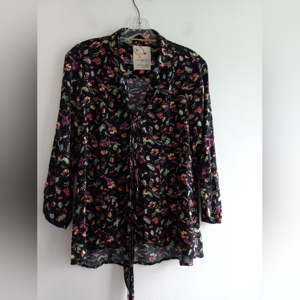 Anthropologie Black Floral Button-Down Tie Front Shirt
